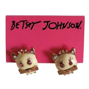 Vintage Betsey Johnson Kitty Cat Earrings Stud Rhinestone Crown Bow‎ Cute Enamel